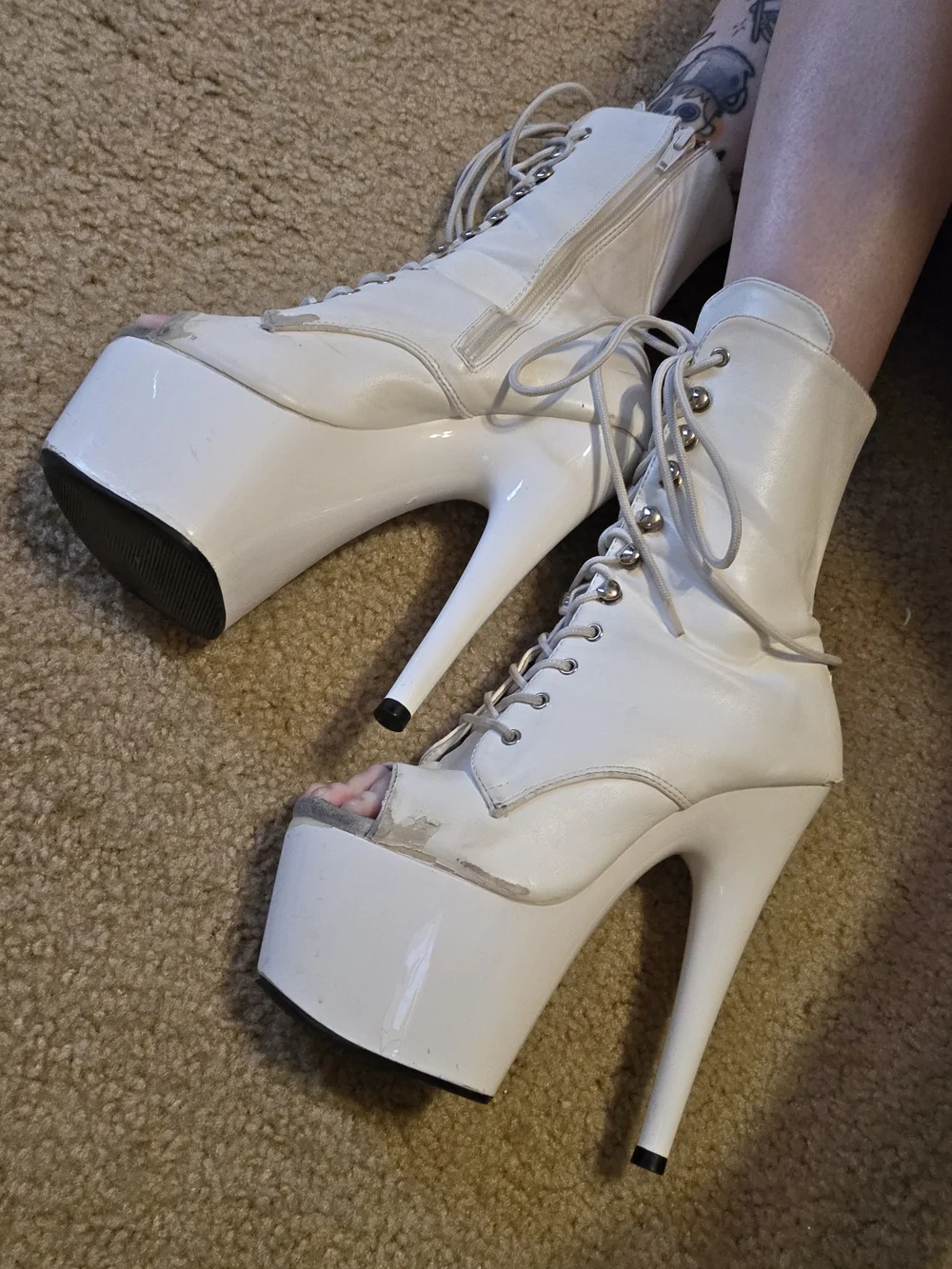 Heavily Worn White Peep-Toe Platform Pleaser Boots